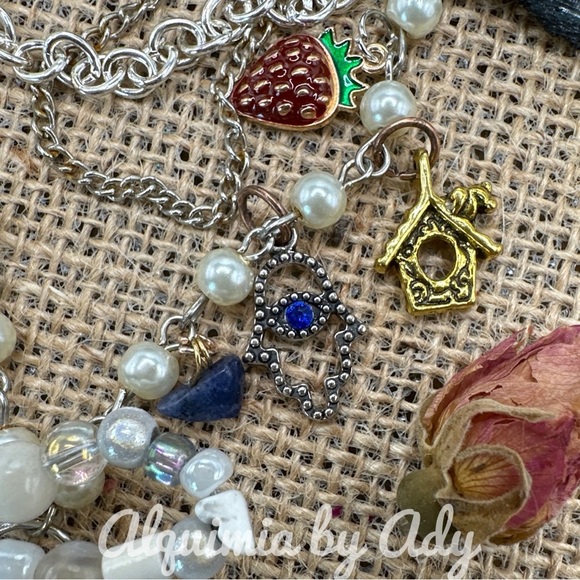 Opals pearls lapis and coral multi charms layered chunky necklace - Picture 7 of 9
